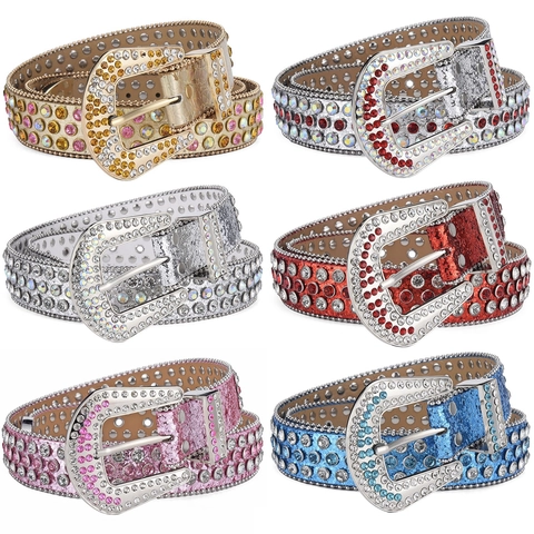 Rhinestone Studded Punk Rock Belt For Men Women Western Cowboy Faux Leather Bling Waist Belt For Jeans Party Hip Hop Jewelry