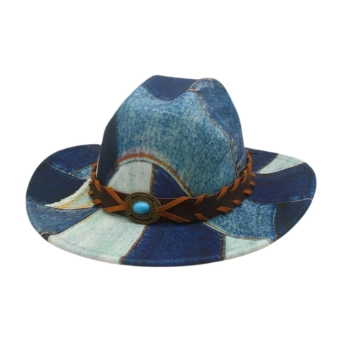 Cappello Da Cowboy Fedora In Denim Patchwork Retro Western Con Cinturino In Pelle Intrecciata E Decorazione Turchese
