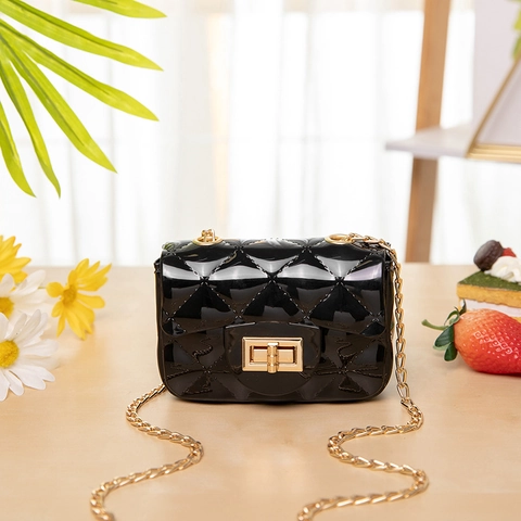 Mini Jelly Crossbody Tas PVC Glanzend Ruitpatroon Gouden Ketting Draaisluiting Modieuze Handtas Voor Dames Meisjes