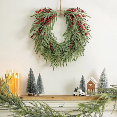 Christmas Wreath Artificial Pine Needles Red Berries Burlap Bow Front Door Wall Hanging Farmhouse Home Holiday Decoration
