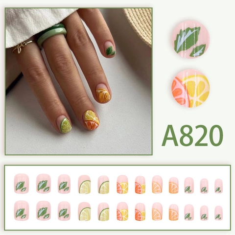 Uñas Postizas De Presión De Limón Cítricos Estilo Corto Verano Fresco Uñas Artificiales Con Pegamento Para Mujeres