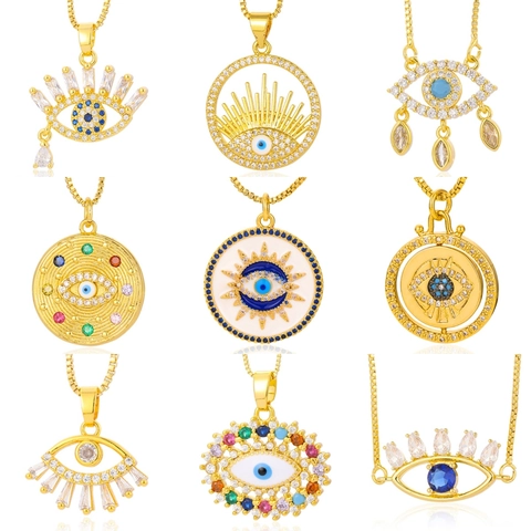 Evil Eye Anhänger Halskette 18K Vergoldetes Messing Zirkon Bunte Emaille Hamsa Hand Herz Sonne Schutzschmuck Damen