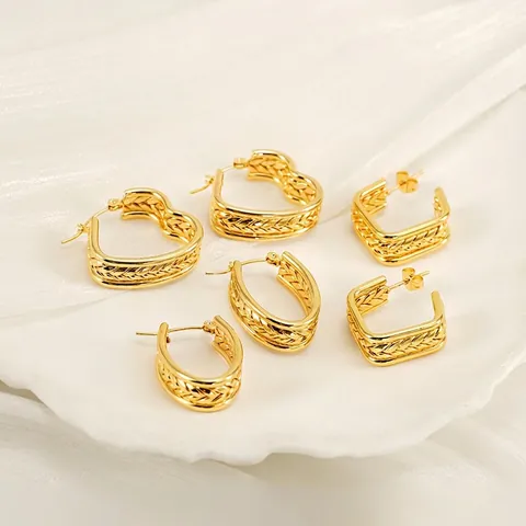 Stainless Steel Wheat Ear Texture Hoop Earrings Vintage Gold Plated Heart Geometric Shape For Women Elegant Jewelry