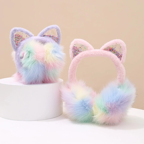 Orejeras De Peluche Con Degradado De Arcoíris Y Orejas De Gato Con Lentejuelas Cálidas De Invierno Plegables Para Niñas Niños Mujeres