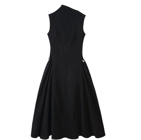 Ärmelloses Maxi Kleid Elegant Halbstehkragen Plissiert Polyester Einfarbig Mit Metallschnalle Detail Für Damen Mode
