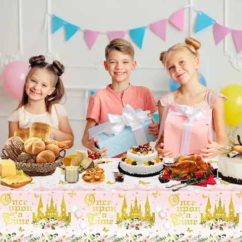Mantel De Fiesta De Castillo De Princesa Rosa Plástico Papel Desechable Cumpleaños De Niña Tema De Cuento De Hadas Impermeable