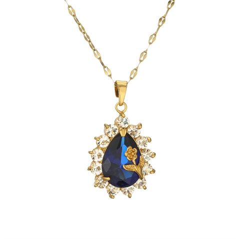 Vintage Roos Bloem Waterdruppel Edelsteen Hanger Ketting Koper Zirkoon Micro Pave Elegante Sieraden Voor Dames