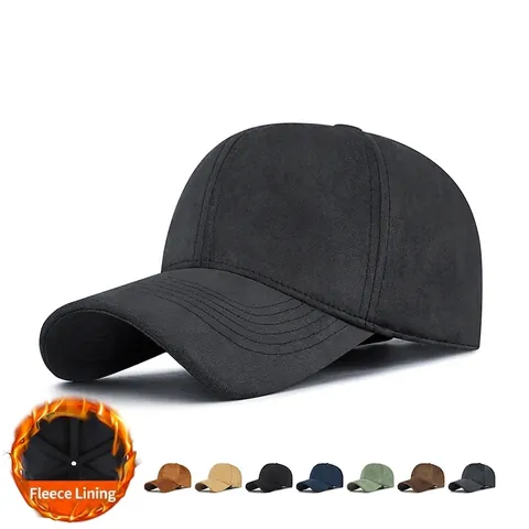 Winter Warm Fleece Lined Baseball Cap Suede Like Polyester Solid Color Adjustable Metal Buckle Windproof Casual Hat