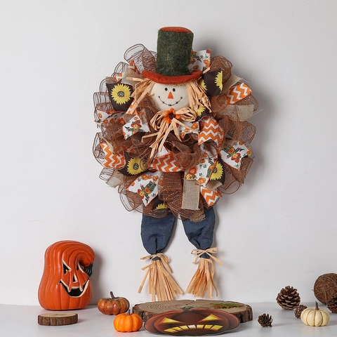 Autumn Scarecrow Wreath Burlap Mesh Sunflower Hanging Decoration For Thanksgiving Halloween Harvest Front Door Wall Rustic Festive