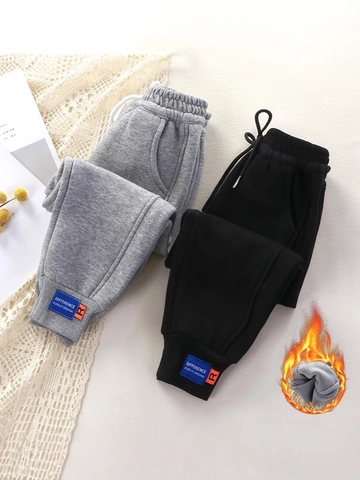 Kids Fleece Lined Joggers Boys Girls Winter Warm Sweatpants Elastic Waist Drawstring Sport Trousers Children Bottoms