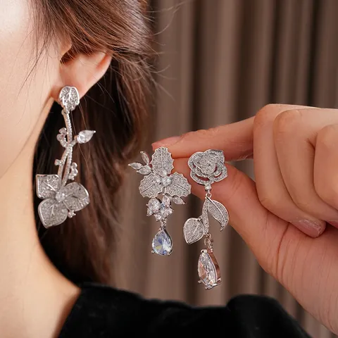 Elegant Flower Leaf Zircon Dangle Earrings With Silver Earring Post For Women Luxury Sparkly Jewelry Waterdrop Pendant