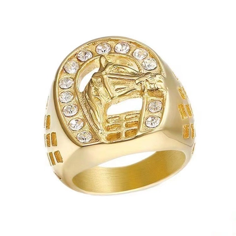 Hip Hop Horse Head Horseshoe Ring For Men Titanium Steel Gold Plated Cubic Zirconia Punk Jewelry Gift