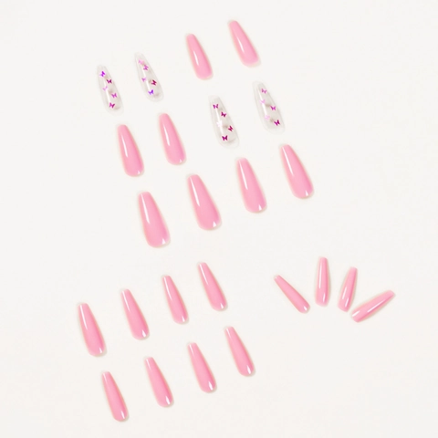 Unghie Finte Lunghe Bara Design Farfalla Laser Rosa Punte Artificiali Decorazione Manicure Lucida