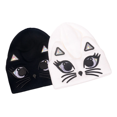 Knitted Beanie Hat Cute Cat Ears Holographic Patch Embroidered Face Warm Winter Skull Cap For Women Girls Kawaii Accessory