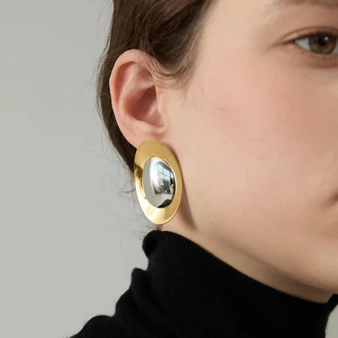 Orecchini a lobo in acciaio inossidabile a forma di lingotto per donna placcati in oro bicolore design ovale geometrico lucido a specchio