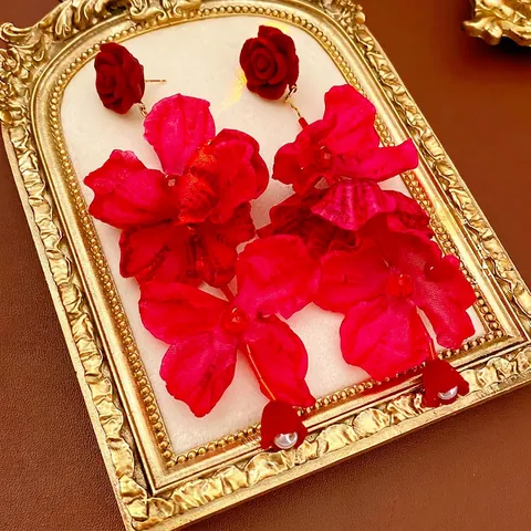 Pendientes Largos De Borla Con Pétalos De Flores Rojas Con Poste De Plata Rosa De Terciopelo Y Perla Artificial Joyas Para Mujer Vacaciones