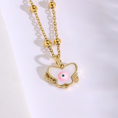 Collana Con Ciondolo A Farfalla E Malocchio Rame Placcato Oro 18K Smalto Zircone Gioielli Da Donna