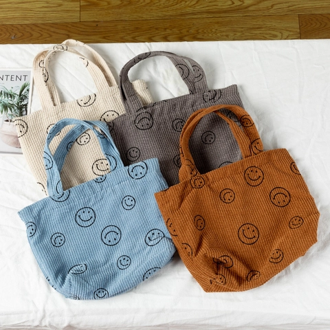 Cord Handtasche Vintage Kleine Tote Bag Schachbrett Blumen Lächeln Druck Damen Pendler Lunchbag