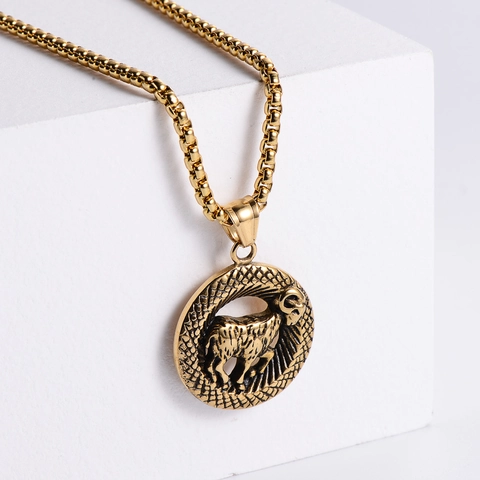 Zodiac Pendant Necklace Vintage 18K Gold Plated 304 Stainless Steel Embossed Round Medallion Unisex Jewelry Gift