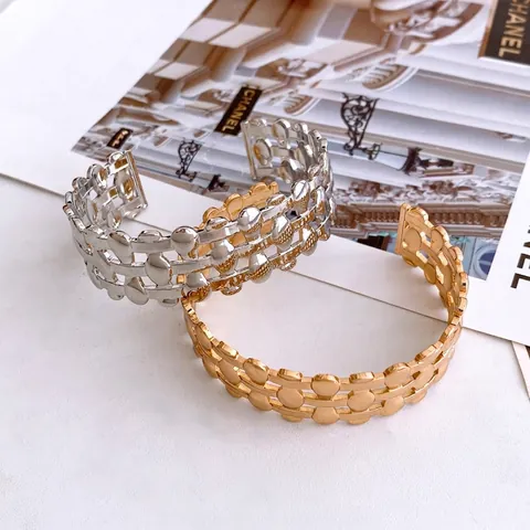 Cuff Bracelet Hollow Geometric Three Layer Oval Disc Metal Bangle Adjustable Modern Trendy Accessory For Women