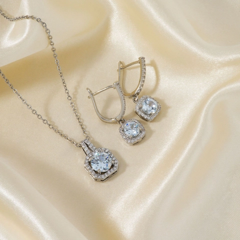 Shiny Square Halo Jewelry Stainless Steel Copper Zirconia Necklace And Earrings Fashion Accessories For Women