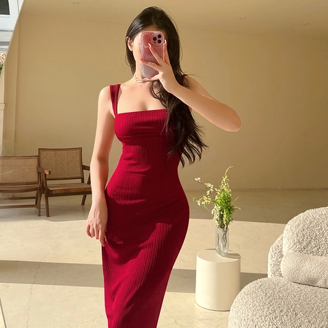 Sexy Maxi-Strickkleid Mit Quadratischem Ausschnitt Ärmellos Körperbetont Slim Fit Camisole Für Damen Sommerparty