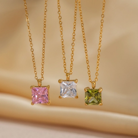 Square Zirconia Pendant Necklace 304 Stainless Steel Gold Plated Waterproof Hypoallergenic Minimalist Jewelry For Women