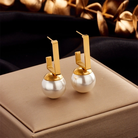 Geometric Artificial Pearl Drop Earrings 18K Gold Plated Titanium Steel Retro Minimalist Dangle Jewelry With Stainless Steel Earring Post
