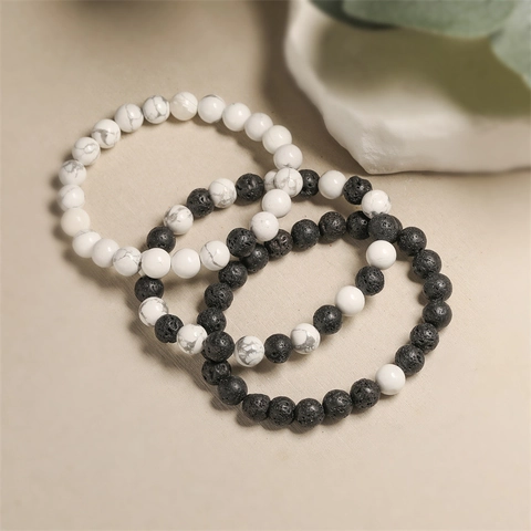 Natural Lava Stone White Turquoise Beaded Bracelet Elastic Stretch Round Beads Minimalist Jewelry For Men Women