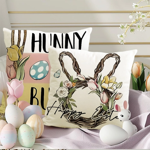 Happy Easter Throw Pillowcase Linen Blend Bunny Colorful Egg Printed Decorative Cushion Cover Home Sofa