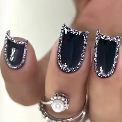 Black Glossy Square Press On Nails With Silver Glitter French Tip Artificial Fake Nails For Women Party Daily Wear