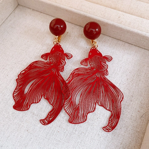 Vintage Goldfish Hollow Dangle Earrings Red Bead Koi Design Chinese Style Jewelry For Women Elegant Novelty