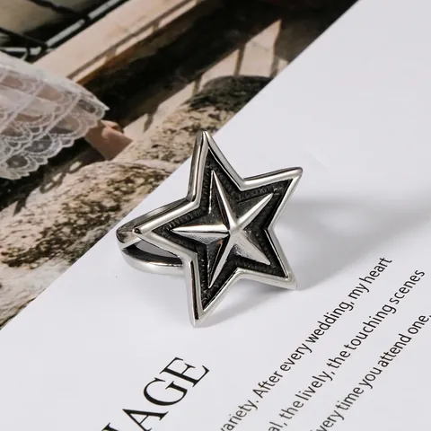 Large Pentagram Star Ring Stainless Steel Punk Vintage Polished Oxidized Texture Statement Jewelry For Men And Women