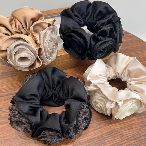 Satijnen Gazen Roos Bloem Scrunchies Multi-Layer Franse Vintage Elastische Haarelastiekjes Voor Dames Elegant