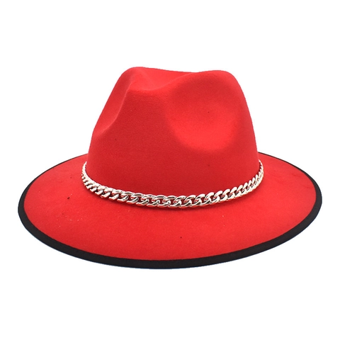 Chapeau Fedora À Bord Large En Feutre De Laine Avec Décoration De Chaîne En Métal Bordure Contrastée Style Jazz Unisexe