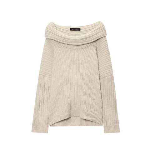 Pull En Maille Côtelée Épaules Dénudées Pour Femmes Manches Longues Couleur Unie Décontracté Polyester Acrylique Haut Élégant