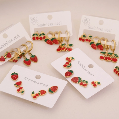 Cute Fruit Stud Earrings 304 Stainless Steel Cherry Strawberry Drip Oil Red Green Dainty Jewelry For Women Girls Fashion Accessories