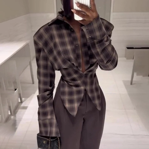 Camicia A Quadri Da Donna Scollo A V Profondo Vita Cintata Orlo Asimmetrico Manica Lunga Crop Top Polyester Y2K
