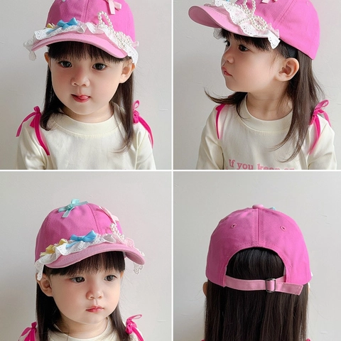 Casquette De Baseball Pour Fillette Coton Lavé Dentelle Künstliche Perle Nœud Décoration Chapeau Pare-Soleil Respirant Ajustable