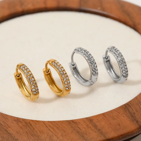 Stainless Steel Hoop Earrings With Micro Inlaid Rhinestones Retro Round Hinged Ear Clips For Women Elegant Jewelry