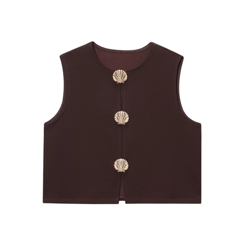 Gilet Femme Col Rond Vintage Boutons Coquillage Dorés Uni Décontracté Polyester Sans Manches