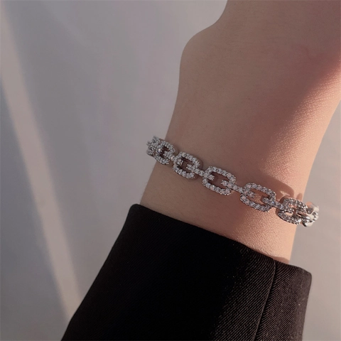 Luxury Copper Pavé Rhinestone Open Bangle Chain Link Design Gold Silver Plated Elegant Bracelet For Women Fashion Jewelry