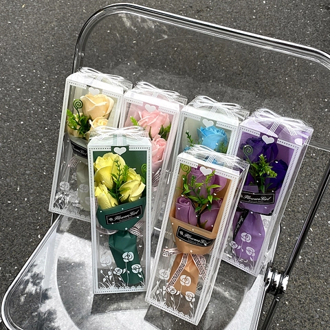 Artificial Soap Flower Bouquet Rose Carnation Floral With Transparent Gift Packaging Valentine Mother Day Anniversary Gift Novelty
