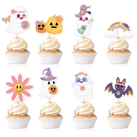 Bohemian Halloween Cupcake Toppers Papier Bambus Hippie Geist Kürbis Dessert Dekoration Für Geburtstagsparty
