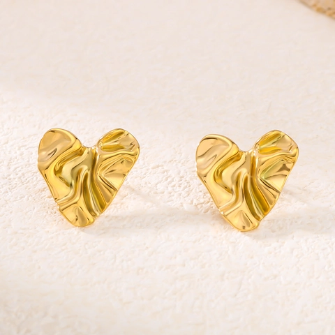 Heart Stud Earrings Wrinkled Texture Stainless Steel 18K Gold Plated Ins Style Personalized Jewelry For Women