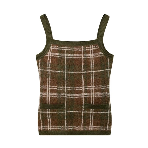 Vintage Plaid Knit Camisole Women Sleeveless Cropped Tank Top Retro Plaid Pattern Casual Wear