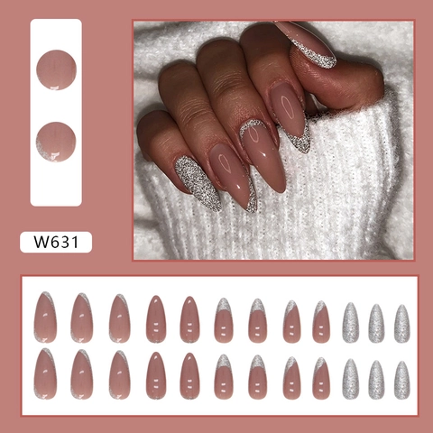 Almond Press On Nails Long French Tip Nude Pink Silver Glitter Sparkle Fake Nails Glossy Artificial Finger Nails For Women Daily Party