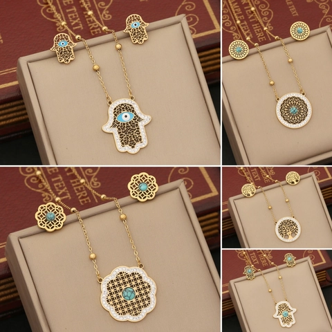 Edelstahl Halskette Und Ohrringe Mit Hamsa Hand Böser Blick Lebensbaum Türkis Strass Vintage Schmuck Für Damen