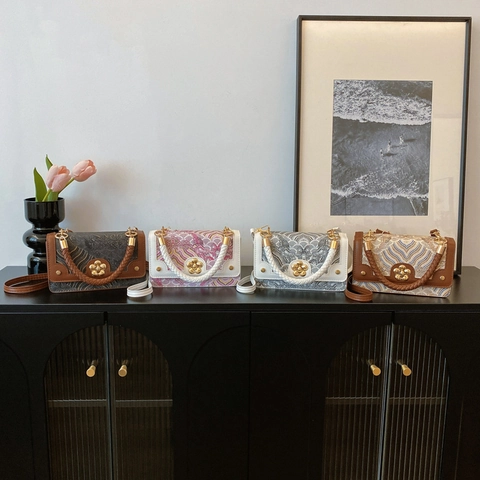 Retro Crossbody Bag For Women PU Leather Embroidery Cloud Pattern Flower Buckle Braided Handle Stylish Shoulder Bag