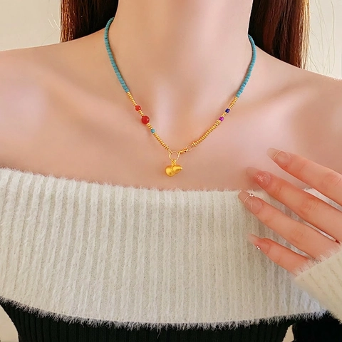 Collar Con Colgante De Calabaza Cobre Chapado En Oro Cuentas De Arroz Coloridas Ágata Étnico Retro Para Mujer